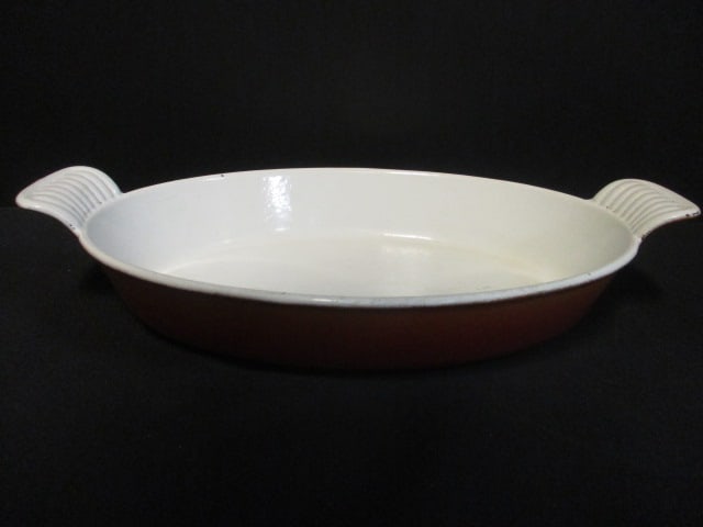 Vintage Enameled Flame Orange Au Gratin Dish: 12" x 7", faded