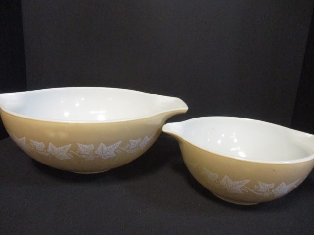 2 Vintage Pyrex "Sandlewood" Cinderella Mixing Bowls: 9 1/2" x 4" and 13" x 5", faded