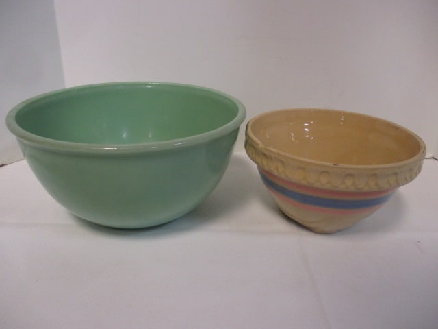 Vintage Anchor Hocking Fire King Green Mixing Bowl and McCoy Yellow Ware: Striped Bowl, 7 1/4" x 4 1/4" - chip and 10" x 6"