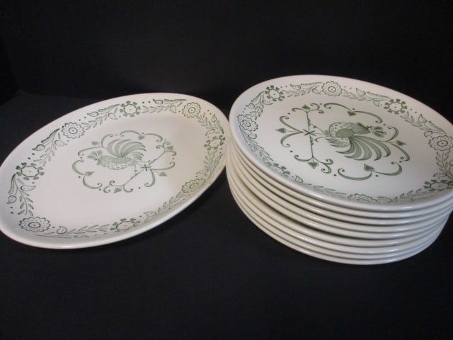 Retro Scio Pottery Provensional Green "Rooster Weathervane" Plates and Platter (1 of 5)