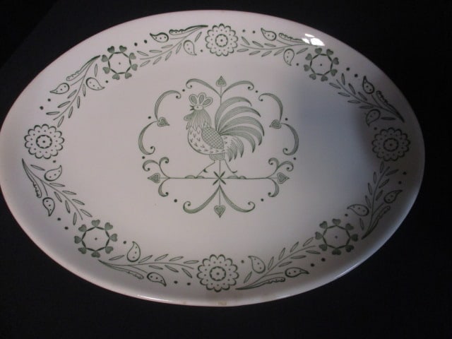 Retro Scio Pottery Provensional Green "Rooster Weathervane" Plates and Platter - 3