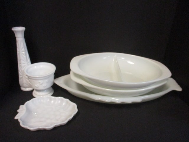 Grouping of Vintage Milk Glass Casserole Dishes, Vase, and Tidbit Dish: 4" to 18", see pictures and preview for selection and condition