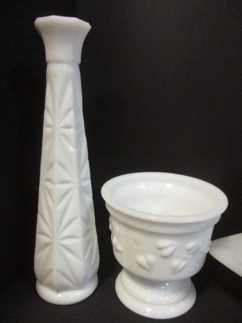 Grouping of Vintage Milk Glass Casserole Dishes, Vase, and Tidbit Dish - 4