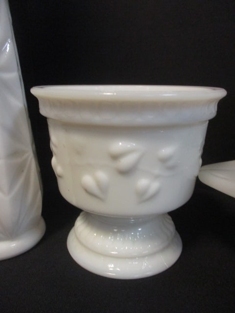 Grouping of Vintage Milk Glass Casserole Dishes, Vase, and Tidbit Dish - 5
