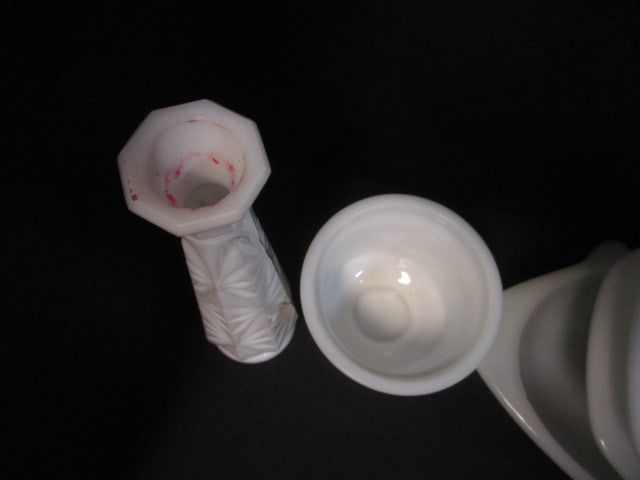 Grouping of Vintage Milk Glass Casserole Dishes, Vase, and Tidbit Dish - 6