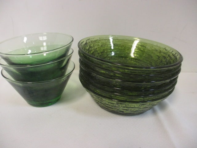 3 Retro Libbey "Saturn" Green Custard Glass Bowls and 6 Anchor Hocking: "Soreno" Avocado Green Textured Glass Bowls, 4 1/4" and 6"