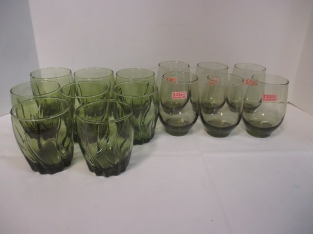 6 Retro Libbey Olive Green Stemless Glasses and 8 Anchor Hocking Green: Low Ball Glasses, 4" and 4 1/2"