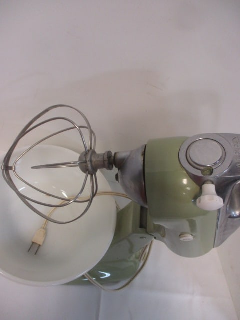 Retro Kitchen-Aid Avocado Green Mixer with Milk Glass Bowl - 5