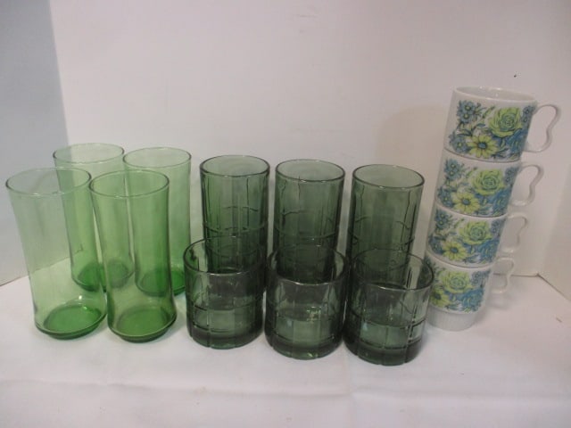 Lot of Vintage Anchor Hocking and Others Green Glasses and 4 Japanese: Porcelain Cups, 3 1/4" to 6", see pictures and preview for selection and condition