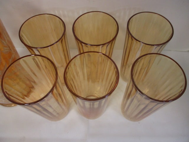 Vintage Jeannette Marigold Carnival Glass Pitcher and Tumbler Glasses - 2