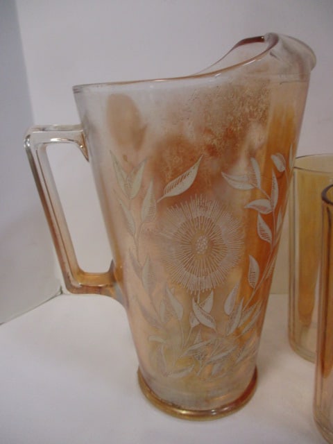 Vintage Jeannette Marigold Carnival Glass Pitcher and Tumbler Glasses - 3
