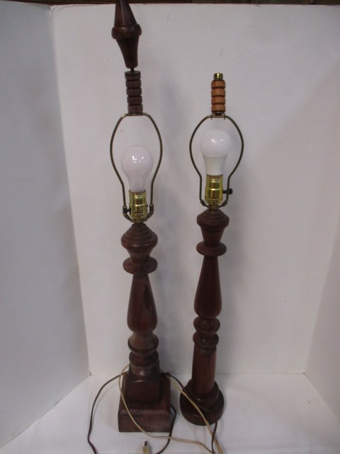 2 Mid-Century Modern Wood Table Lamps: 32" and 38", no shades