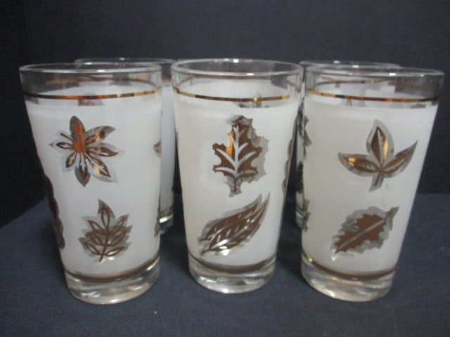 Set of 6 Mid-Century Modern Libbey "Golden Foliage" Frosted Glasses: 5" each