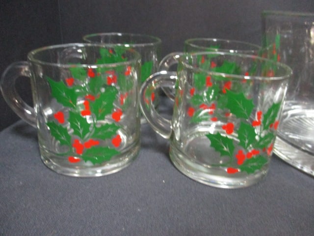 Vintage Indiana Glass "Holly Berry" Glass Ice Bucket and 4 Glass Cups, - 2