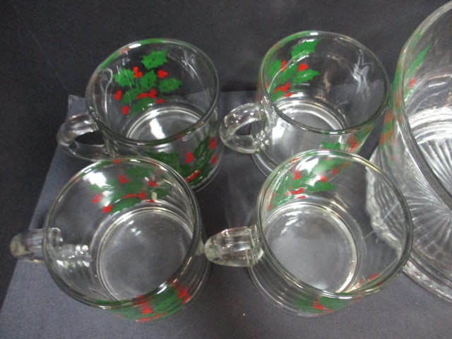 Vintage Indiana Glass "Holly Berry" Glass Ice Bucket and 4 Glass Cups, - 3