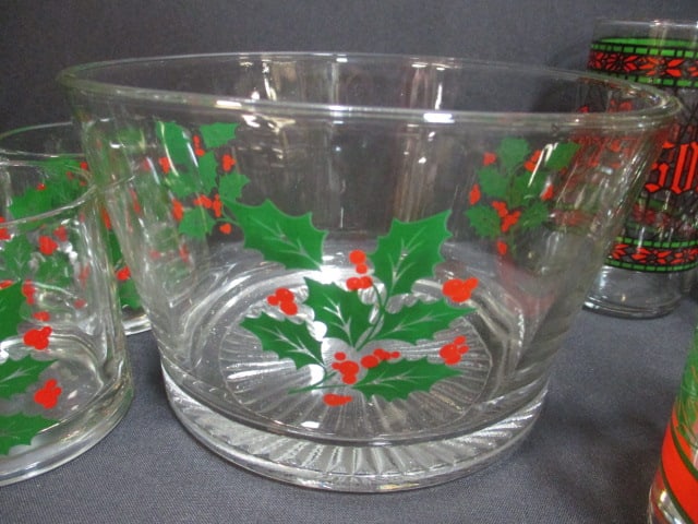 Vintage Indiana Glass "Holly Berry" Glass Ice Bucket and 4 Glass Cups, - 4