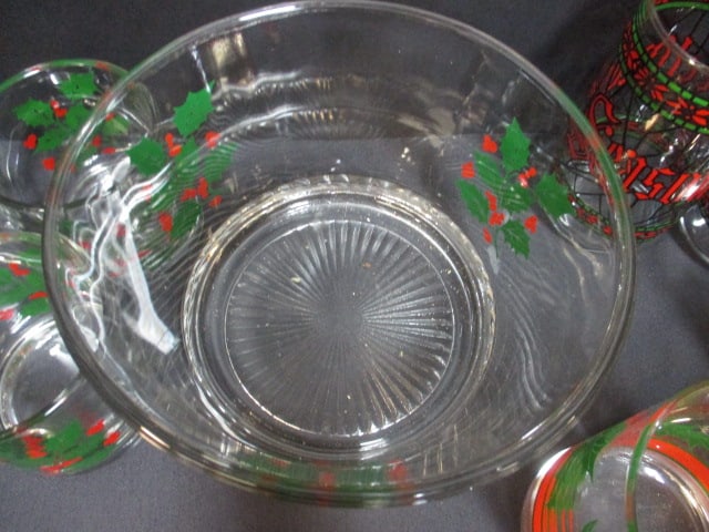 Vintage Indiana Glass "Holly Berry" Glass Ice Bucket and 4 Glass Cups, - 5