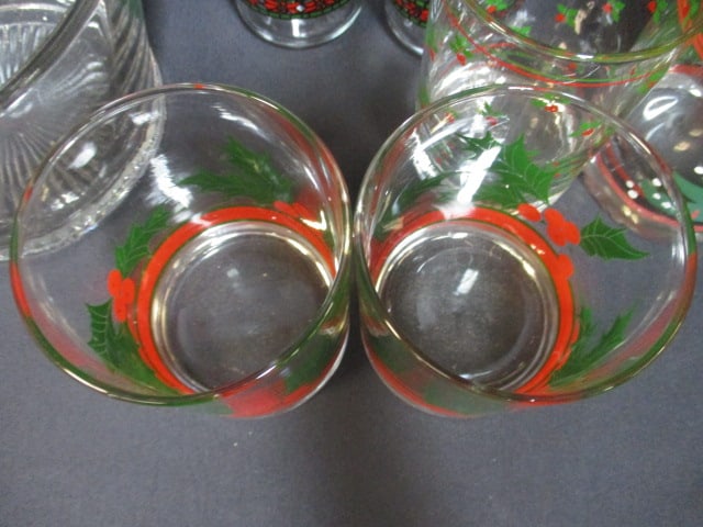 Vintage Indiana Glass "Holly Berry" Glass Ice Bucket and 4 Glass Cups, - 7