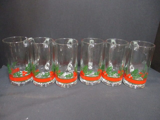 6 Vintage Libbey "Holly & Berries" Glass Beer Mugs: 5 1/2" each