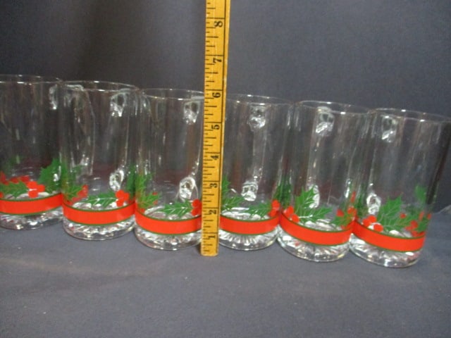 6 Vintage Libbey "Holly & Berries" Glass Beer Mugs - 5