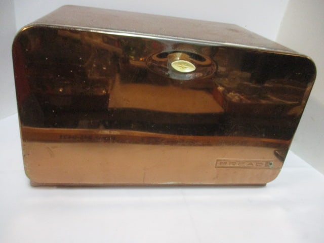 Mid-Century Modern Lincoln Beautyware Copper Bread Box: 17" x 10 1/4" x 10 1/2", wear and marks