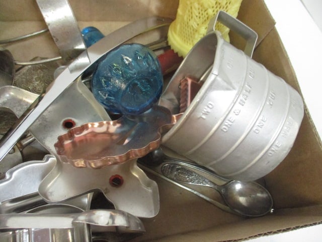 Lot of Vintage Serving Spoons, Cookie Cutters, Sifter, Bottles, etc. - 6