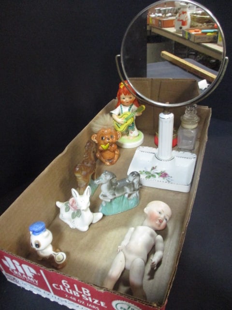 Lot of Vintage Figurines, Dresser Mirror, and Glass Containers: see pictures and preview for selection and condition