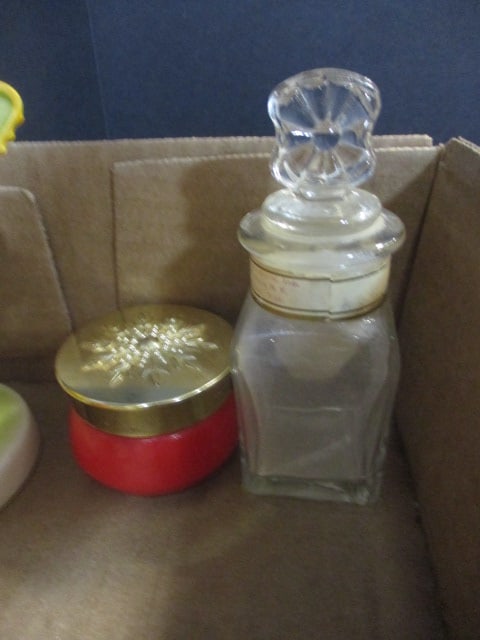 Lot of Vintage Figurines, Dresser Mirror, and Glass Containers - 7