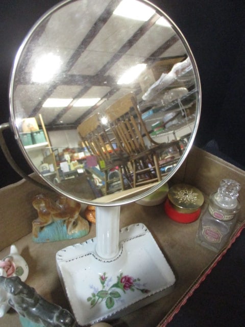 Lot of Vintage Figurines, Dresser Mirror, and Glass Containers - 9