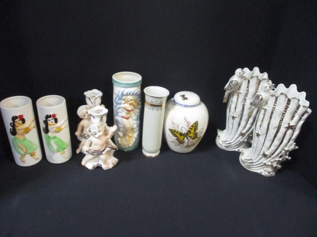Grouping of Mid Century Modern Japanese Ceramic Vases, Figurines, and: Candle Holders, 6" to 9", see pictures and preview for selection and condition