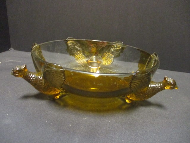 Vintage Jeannette 3-Footed "Pheasant" Amber Glass Bowl: 9 1/4" x 3", wear and fading