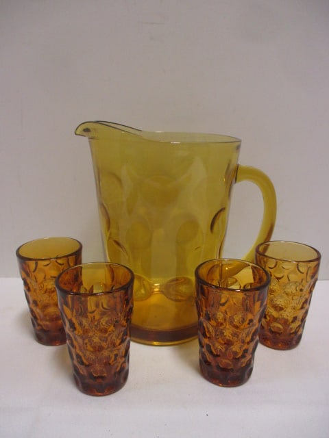 Vintage Hazel Atlas "Eldorado" Coin Dot Amber Glass Pitcher and Glass Set: 8 1/4" and (4) 3 1/2"