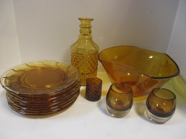 Grouping of Vintage Amber Glass Decanter, Plates, Bowl and Glass Set, (1 of 9)