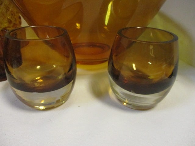 Grouping of Vintage Amber Glass Decanter, Plates, Bowl and Glass Set, - 2