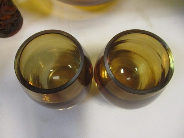 Grouping of Vintage Amber Glass Decanter, Plates, Bowl and Glass Set, - 3