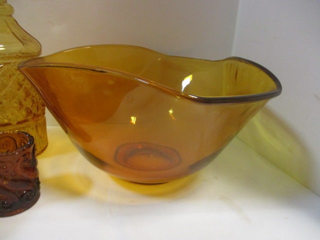 Grouping of Vintage Amber Glass Decanter, Plates, Bowl and Glass Set, - 4