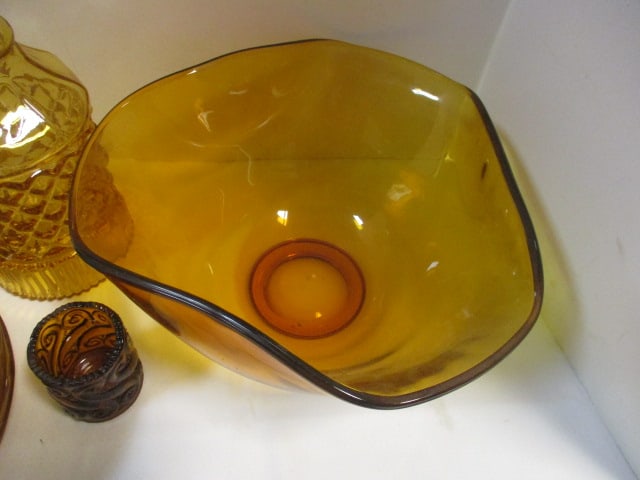 Grouping of Vintage Amber Glass Decanter, Plates, Bowl and Glass Set, - 5