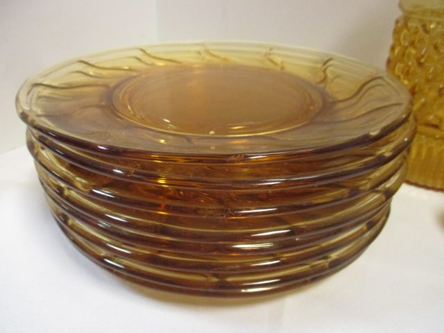 Grouping of Vintage Amber Glass Decanter, Plates, Bowl and Glass Set, - 6