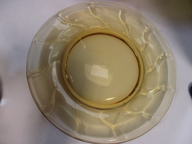 Grouping of Vintage Amber Glass Decanter, Plates, Bowl and Glass Set, - 7