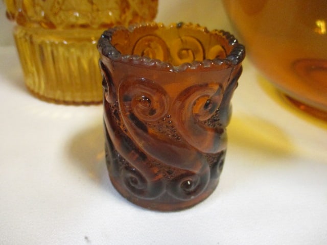 Grouping of Vintage Amber Glass Decanter, Plates, Bowl and Glass Set, - 8