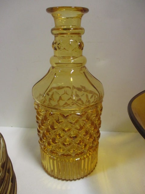Grouping of Vintage Amber Glass Decanter, Plates, Bowl and Glass Set, - 9