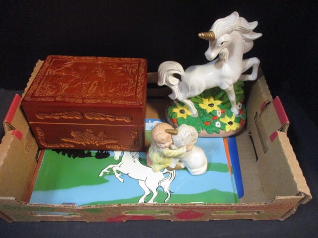 Unicorn Lot - Unicorn Tarot Cards in Carved Wood Box, 2 Unicorn Figurines, (1 of 10)