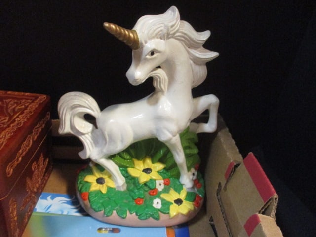 Unicorn Lot - Unicorn Tarot Cards in Carved Wood Box, 2 Unicorn Figurines, - 2