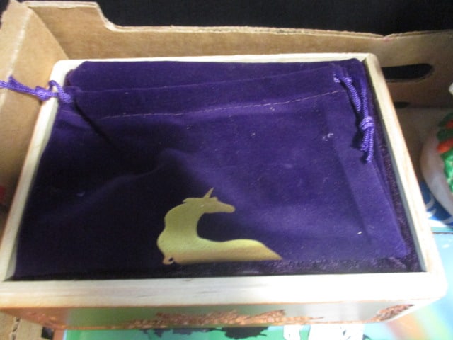 Unicorn Lot - Unicorn Tarot Cards in Carved Wood Box, 2 Unicorn Figurines, - 6