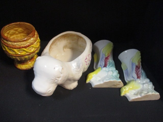 Pair of Vintage Morton Pottery Wall Pockets, "Cow" Ceramic Planter, and: Studio Art Pottery Vase, (2) 7 1/4", 10" x 5", and 5 1/2", crazing and wear