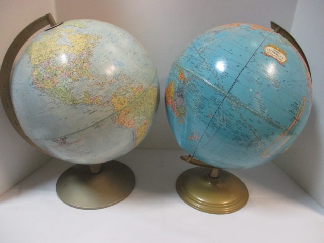 2 Vintage Desktop World Globes - Replogle Comprehensive and Cram's Imperial: 18" each, split on one and dent on other