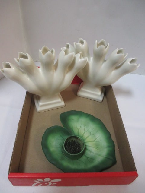 Pair of Vintage Leart 5-Finger Vases and Department 56 Lily Pad Flower Frog (1 of 5)