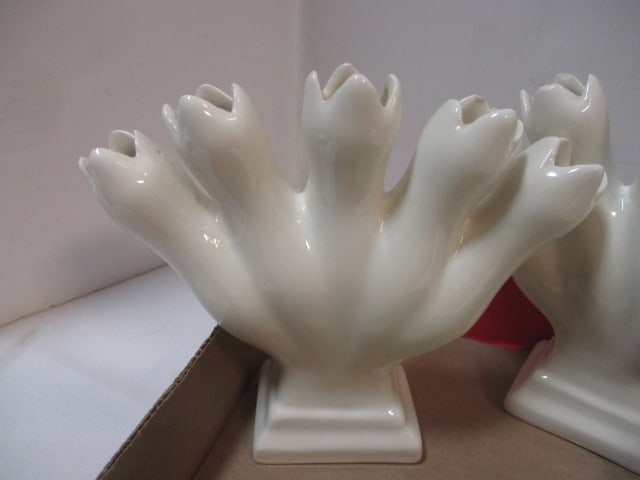 Pair of Vintage Leart 5-Finger Vases and Department 56 Lily Pad Flower Frog - 4