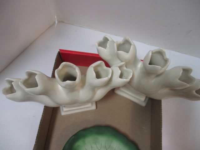 Pair of Vintage Leart 5-Finger Vases and Department 56 Lily Pad Flower Frog - 5