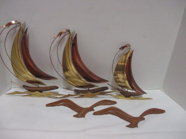 Mid-Century Modern Brass Sailboat and Wood Seagull Wall Hangings: 9" to 11"